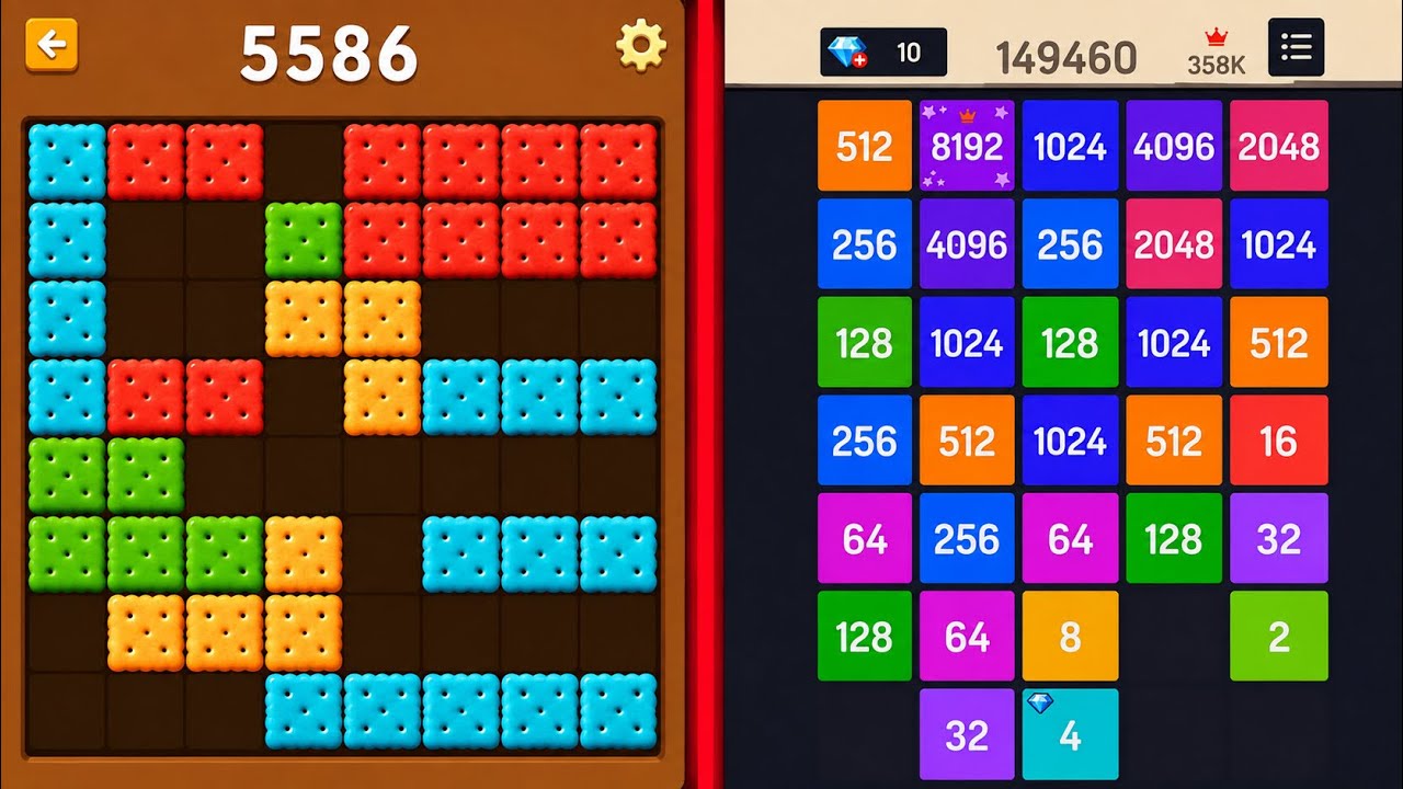 🧩 Block Blast Puzzle VS Merge Block Numbers 2048 🔢 | Satisfying Gameplay (Android/iOS) background