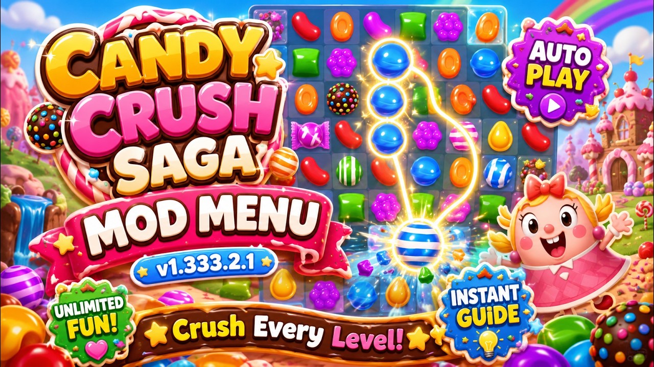 Candy Crush Saga v1.333.2.1 Mod Menu | Autoplay & Instant Highlight Guide background