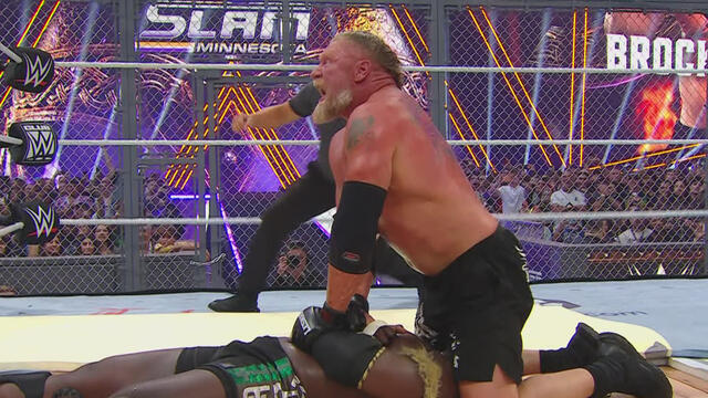 Brock Lesnar TOMBSTONES Oba Femi onto the exposed hardwood: SummerSlam 2026 highlights background