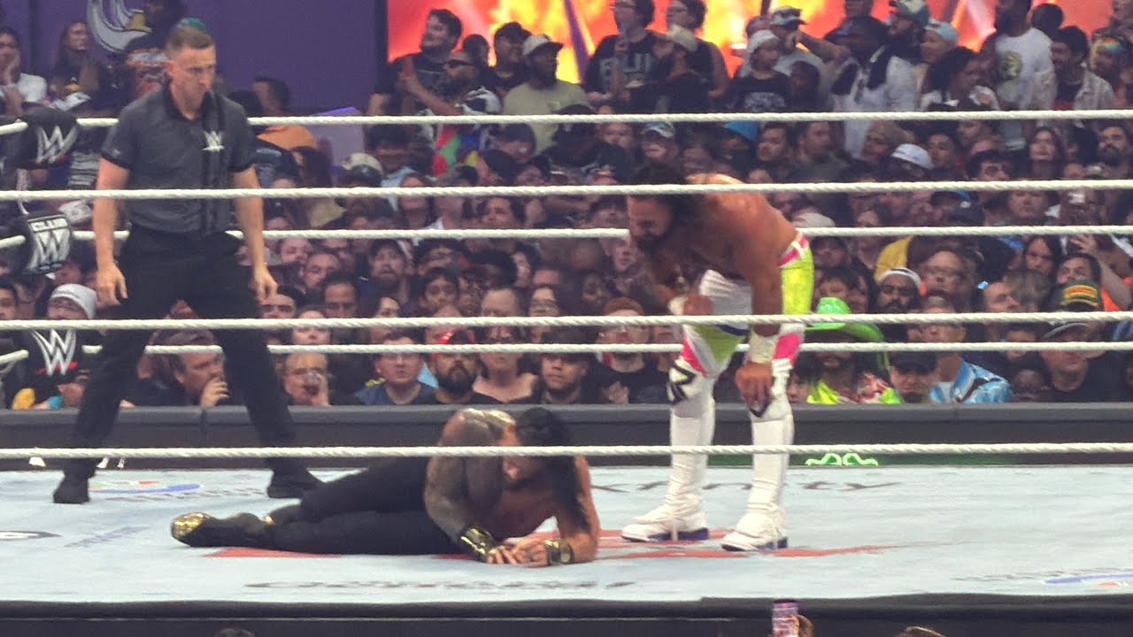 Roman Reigns hits Curb Stomp on Seth Rollins - SummerSlam 2026 background