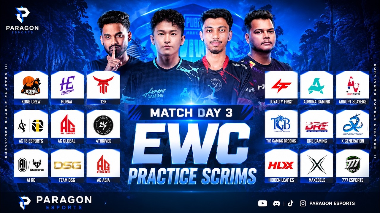 PUBGM 2026 EWC PRACTICE SCRIMS - DAY 3 - FT. #4T #DSG #KONG #HORAA #DRS #AURORA background