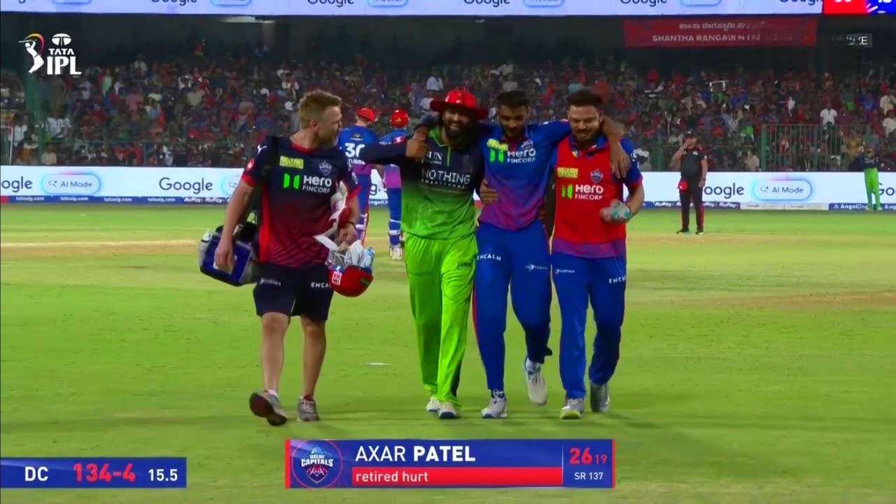 Watch : Axar Patel Retired Hurt Today in RCB vs DC | Axar Patel Retire Hurt Today vs RCB background
