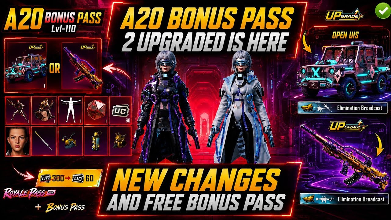A20 Bonus Pass Is Here | Free Upgraded Gun & Vehicle | 3D Look 1 To 60 Main Rewards & Release Date background