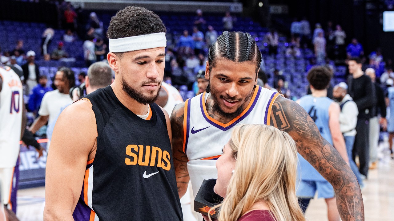 Devin Booker Postgame On-Court Interview after win vs Utah Jazz background