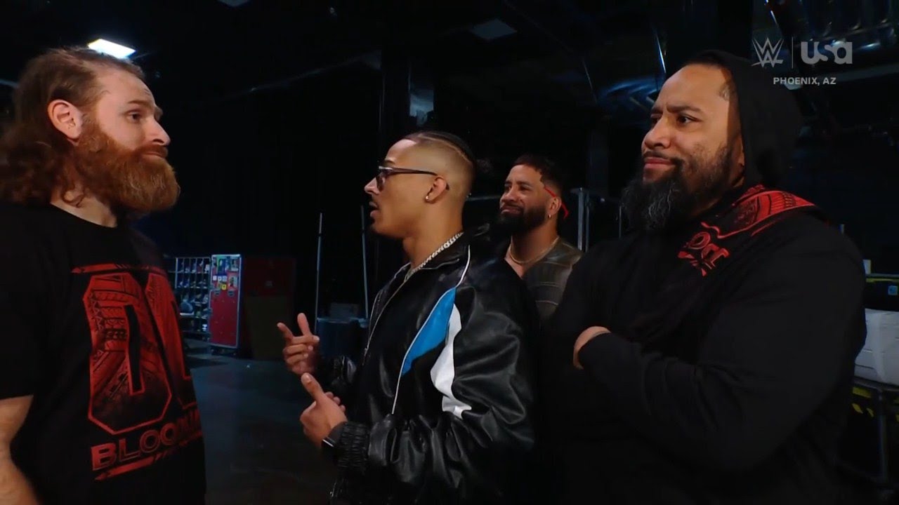 Jimmy & Jey Uso gang up on Carmelo Hayes as he provokes Sami Zayn Bakstage _Smack Down Jan. 03, 2025 background