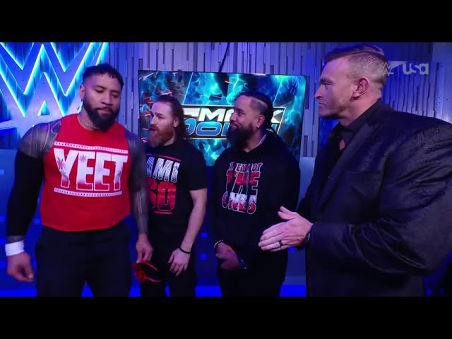 Nick Aldis barns Sami Zayn & Jimmy Uso from ringside during Advantage Match_Smack Down Nov. 29, 2024 background