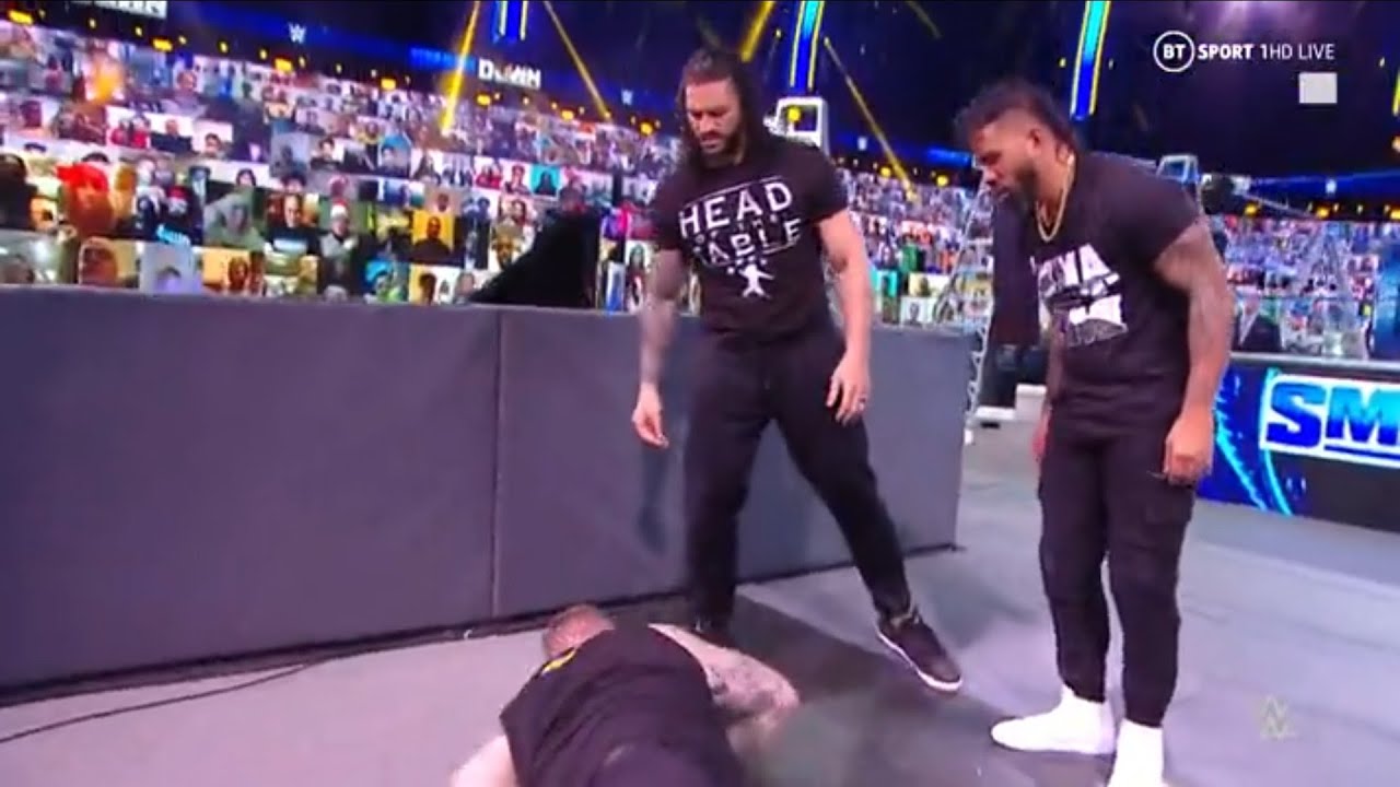 WWE Smackdown 12/18/20 Roman Reigns & Jey Uso Attack Kevin Owens background