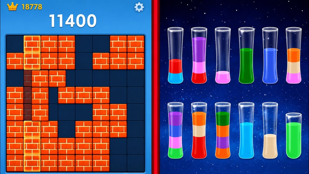 🧩 Block Blast Puzzle VS Sort Em All Puzzle 🧪 All Levels | Satisfying Gameplay (Android/iOS) background