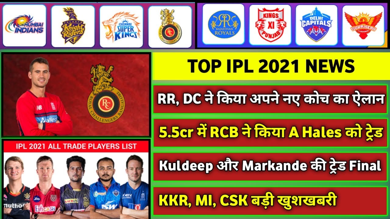 IPL 2021 - 8 BIG News For IPL on 25 Jan (A Hales, K Yadav Trade, CSK Good News, RR, RCB, KXIP, DC) background