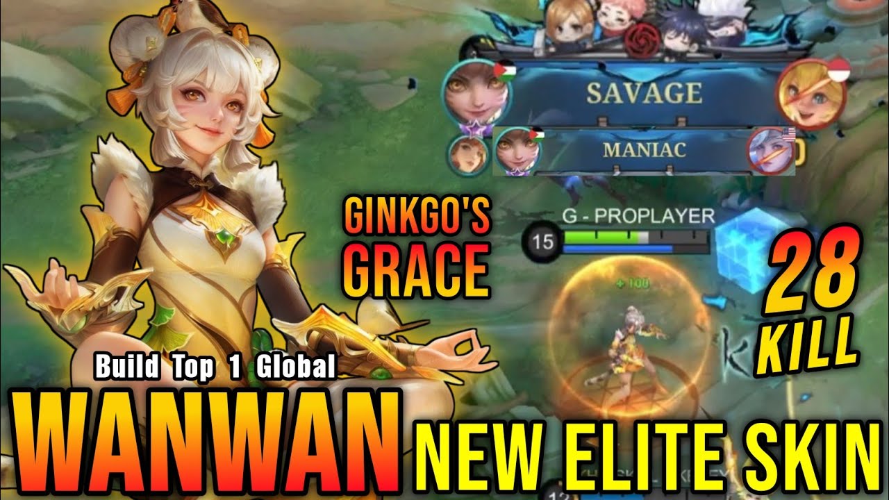 28 Kills + SAVAGE & MANIAC!! Ginkgo'e Grace Wanwan New ELITE Skin - Build Top 1 Global Wanwan ~ MLBB background