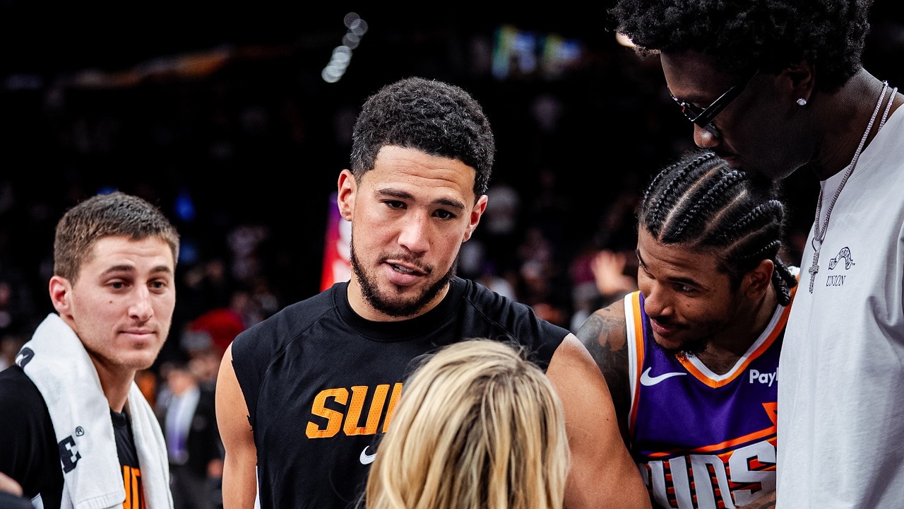 Devin Booker Postgame On-Court Interview after win vs Toronto Raptors background