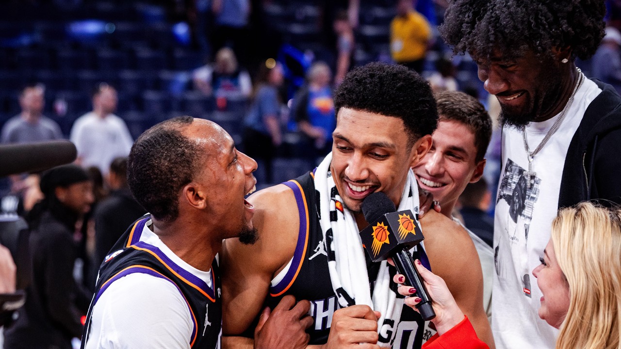 Ryan Dunn Postgame On-Court Interview after win vs Oklahoma City Thunder background