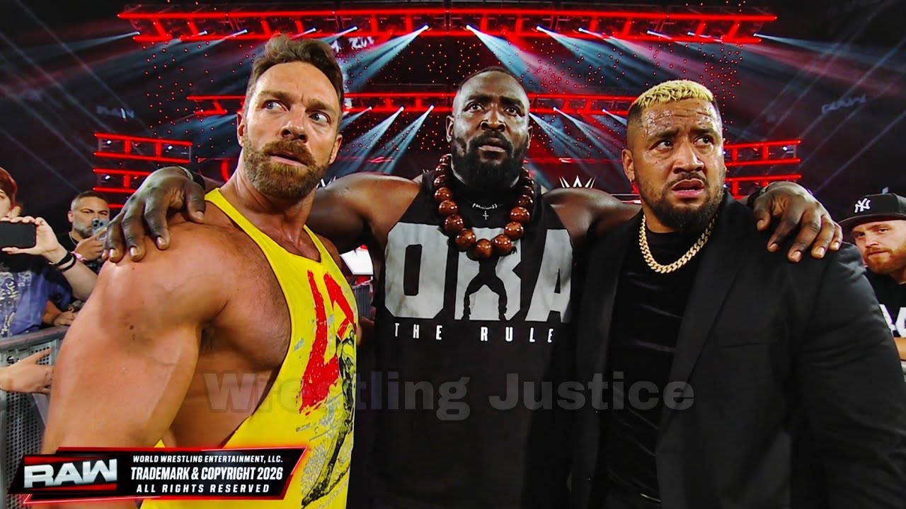 Oba Femi Joins LA Knight & Solo Sikoa To Destroy Roman Reigns Bloodline WWE Raw 2026 Highlights background