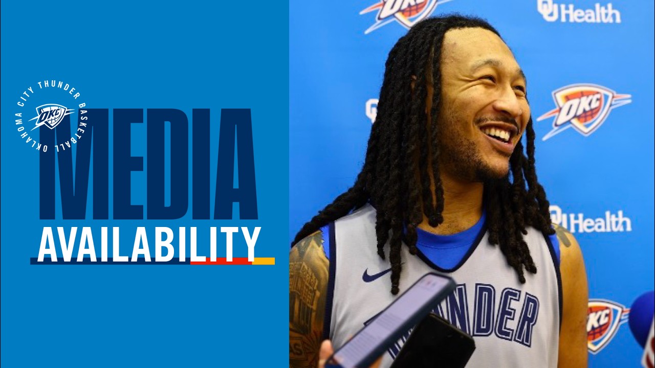 Practice Media Availability with Jaylin Williams + Coach Daigenault | April 3, 2026 | OKC Thunder background