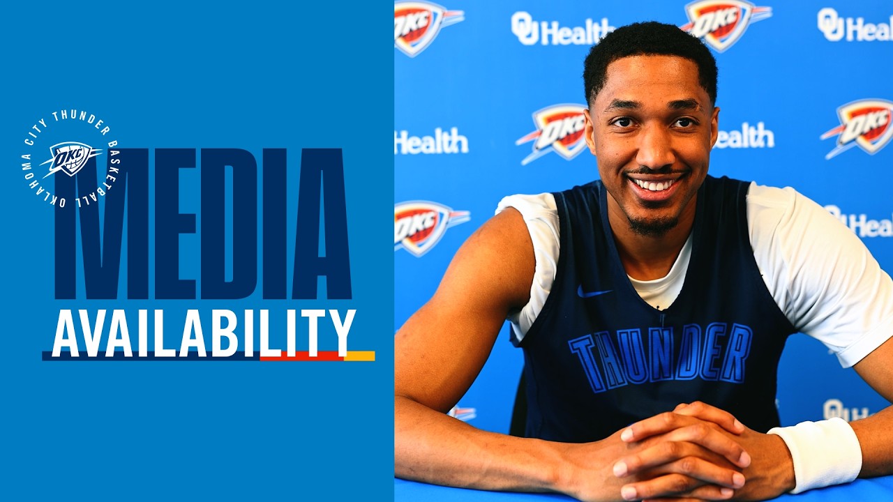 Practice Media Availability with Aaron Wiggins + Coach Daigneault | April 1, 2026 | OKC Thunder background