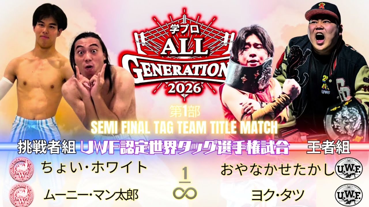2026年8月30日All GENERATIONS 第1部セミファイナル UWF 認定世界タッグ選手権試合 ちょい・ホワイト ムーニー・マン太郎vs〈2000万パワーズ〉ヨク・タツ おやなかせたかし