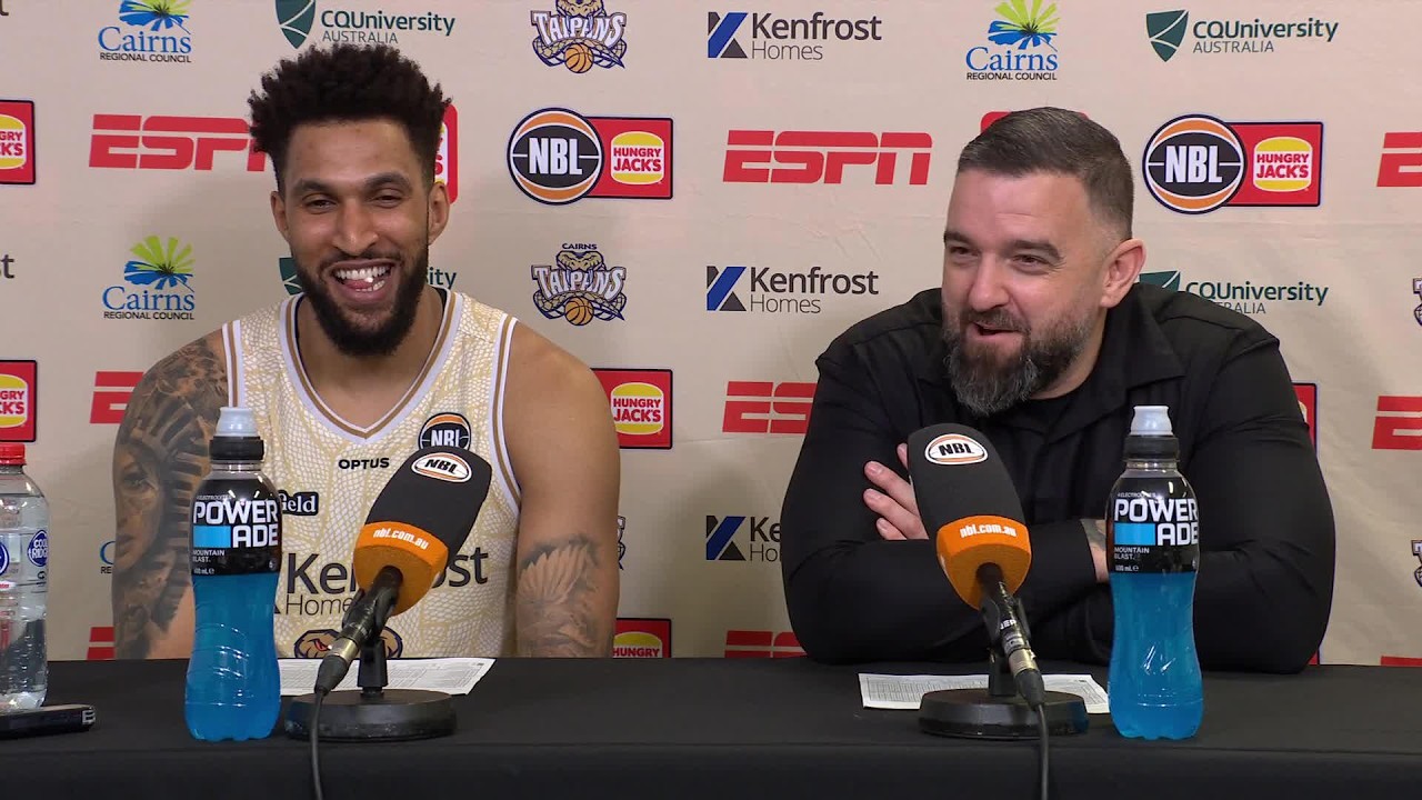 Adam Forde and Jonah Bolden press conference vs Melbourne United - Round 3, NBL27 background