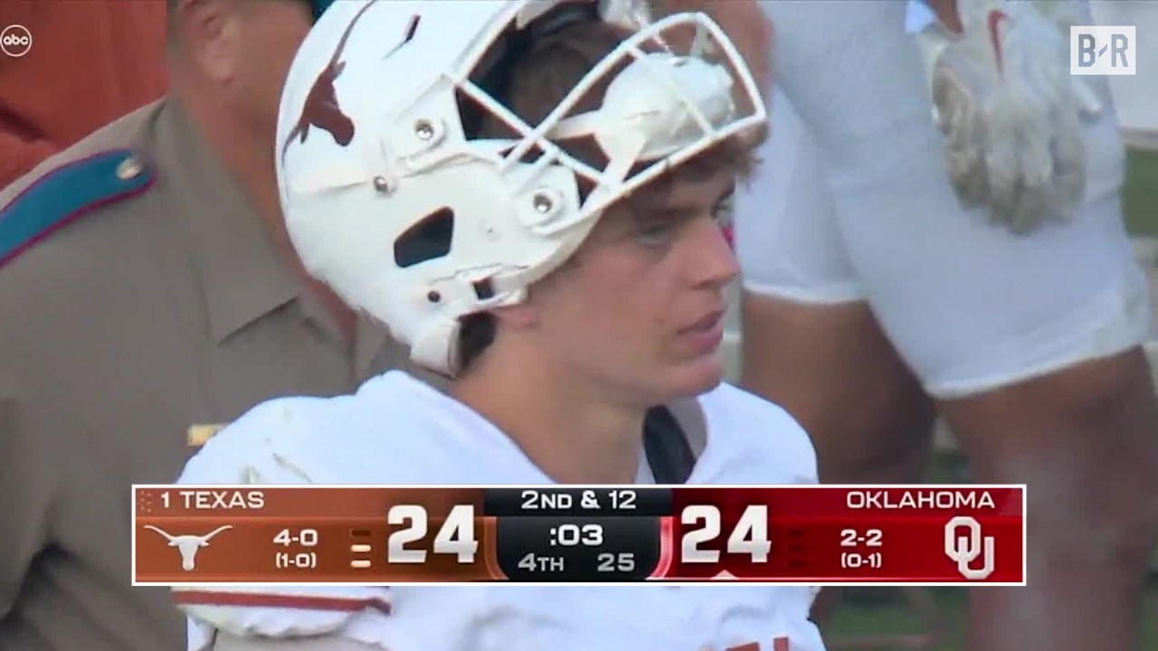 ARCH MANNING THROWS COSTLY PICK AS OKLAHOMA SHOCKS NO. 1 TEXAS background