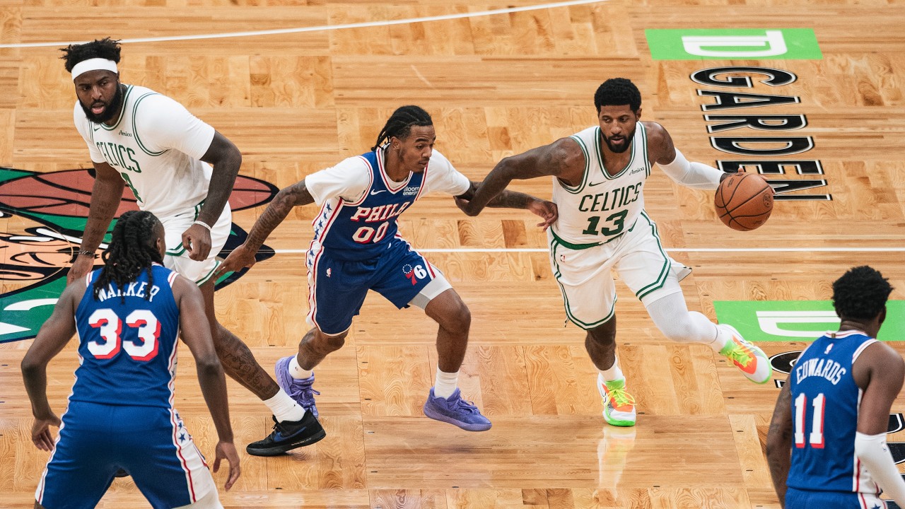Jayson Tatum & Payton Pritchard pop off in Celtics' 144-106 win over the Sixers at TD Garden background