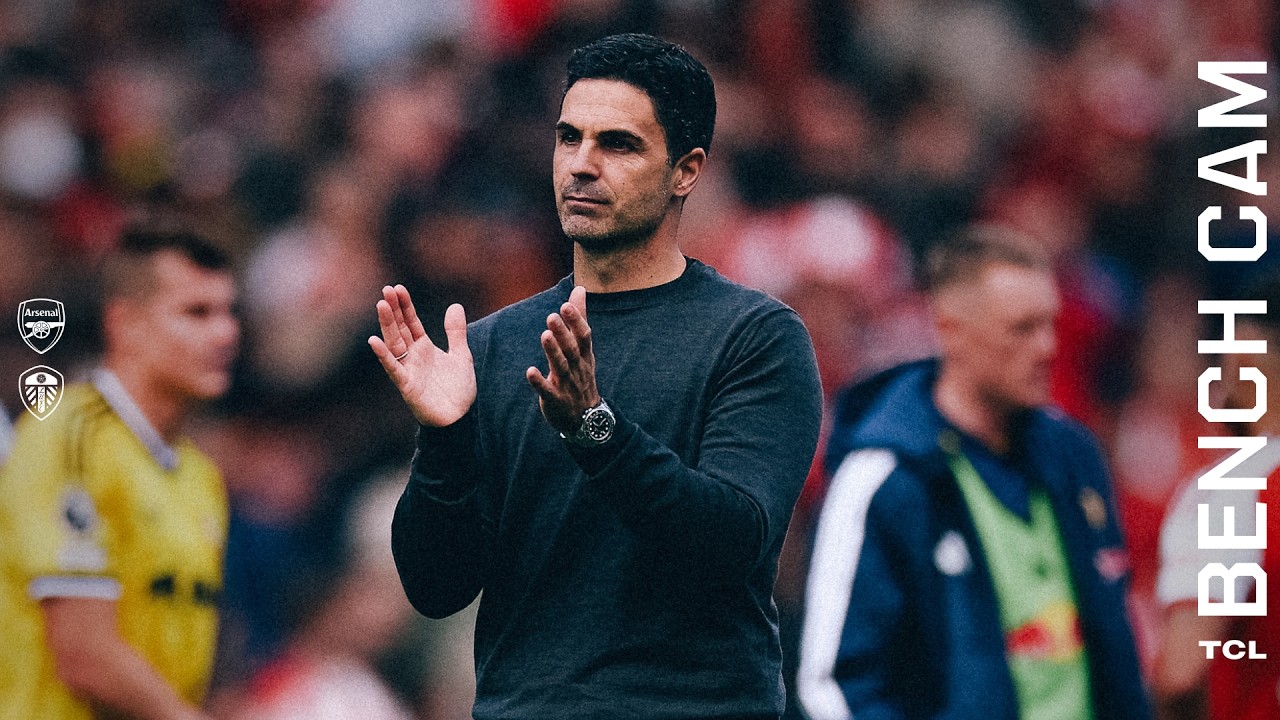 ARTETA REACTS TO CALAFIORI AND BRUNO GOALS πͺ | Bench Cam π₯ | Arsenal 2-1 Leeds United | EPL background