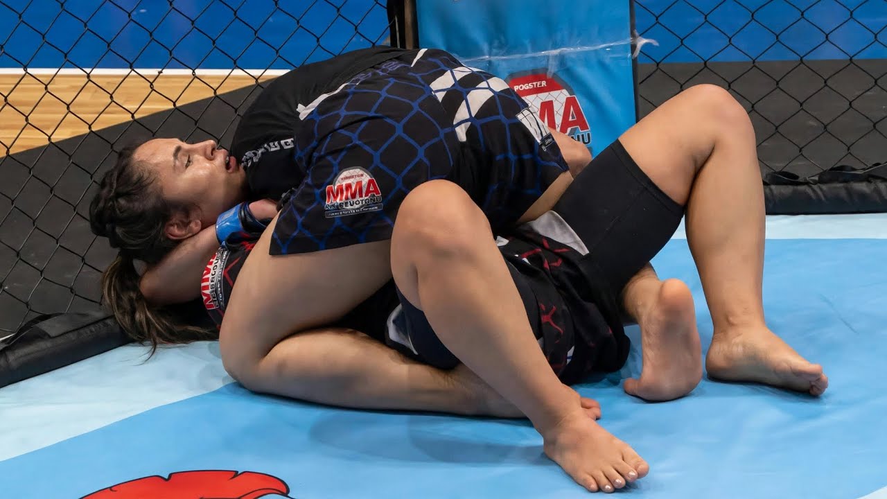 Women mma fight with dominant position background